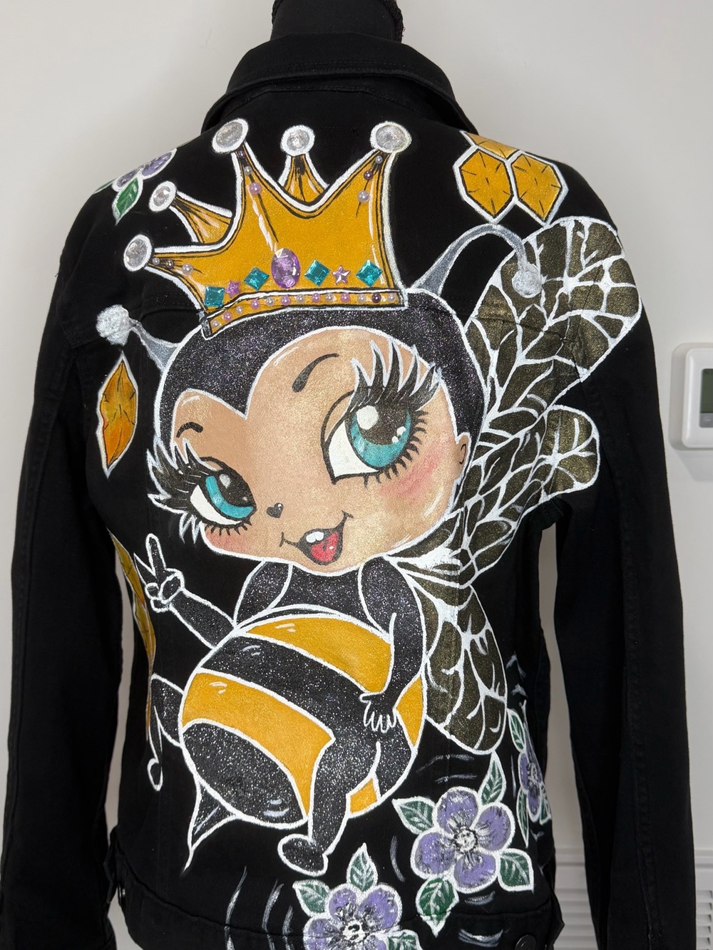 One-of-a-Kind Hand-Painted Black Denim Jacket – Size M